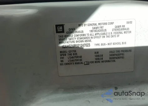 2002 Chevrolet Express z USA, uszkodzony, nr VIN 1GAHG39R921247623